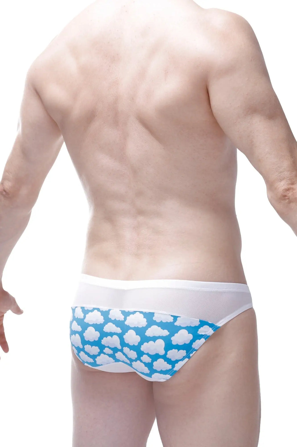 Blue and white cloud-patterned swim trunks with solid white waistband from Bikini Prix Nuage collection