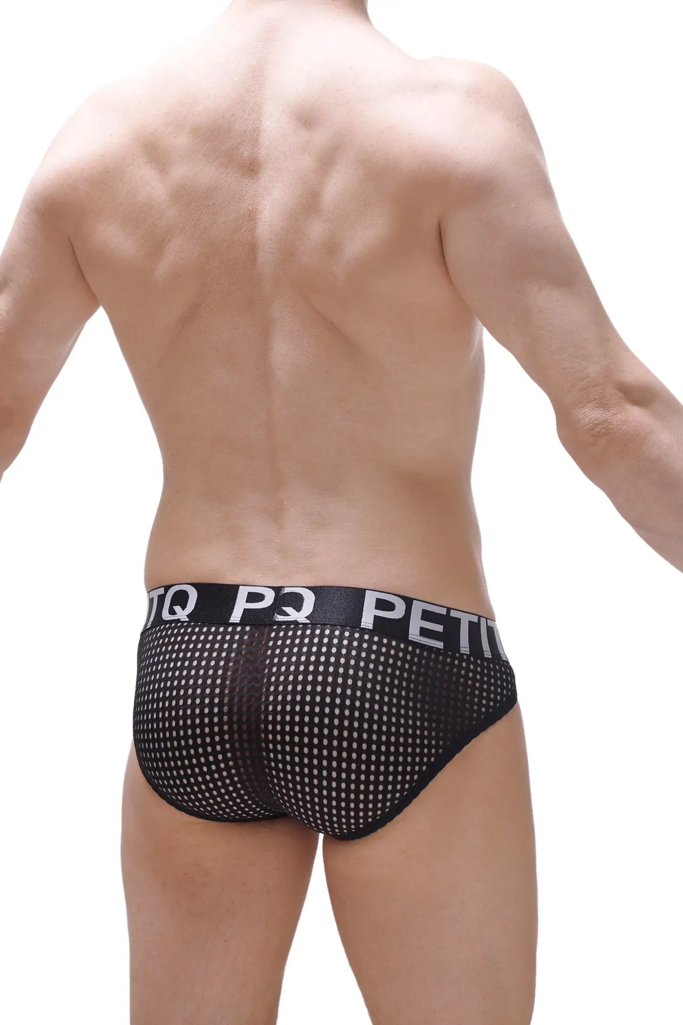 Black mesh bikini protruder durtol briefs with white perforated pattern and pq petit logo waistband