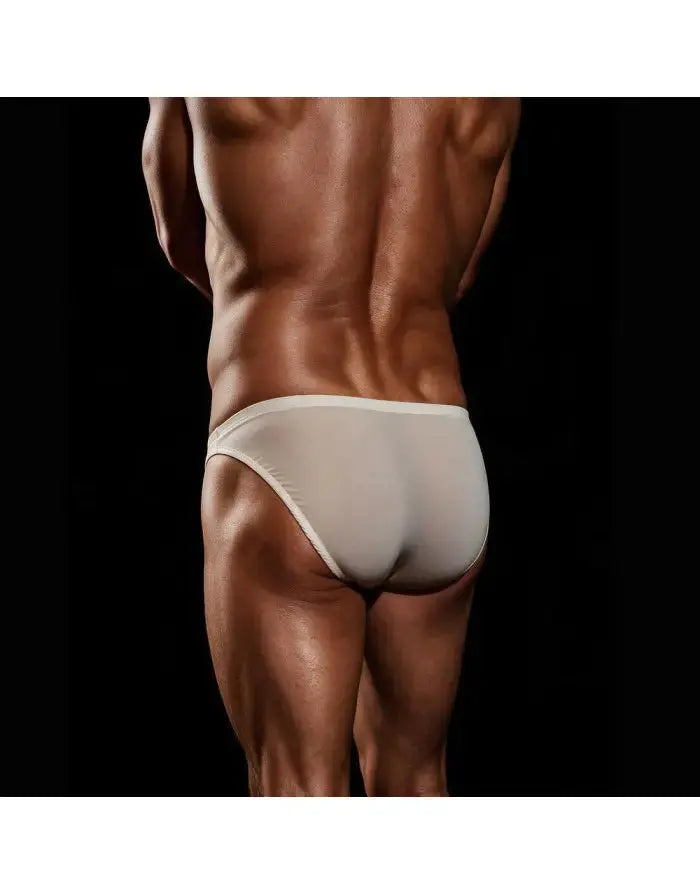 Men's silky cream bikini underwear by Arroyman featuring a smooth fit and minimal coverage shown from the back.