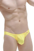 Bright yellow bikini taik joe men’s swim trunks with a snug fit and small red logo on the waistband