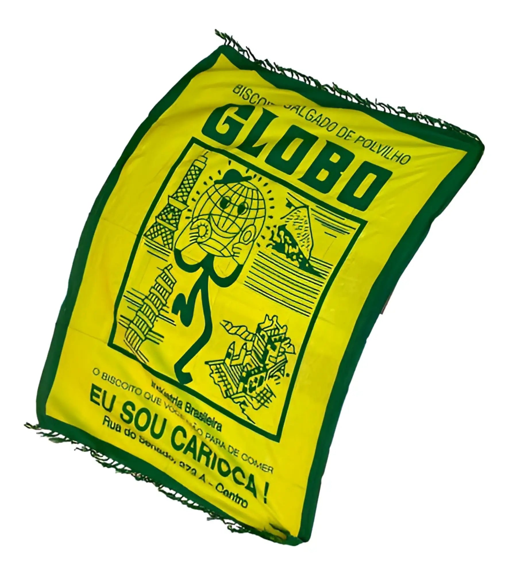 Bright yellow and green fringed beach canga featuring a cartoon globe and the word globo in bold letters