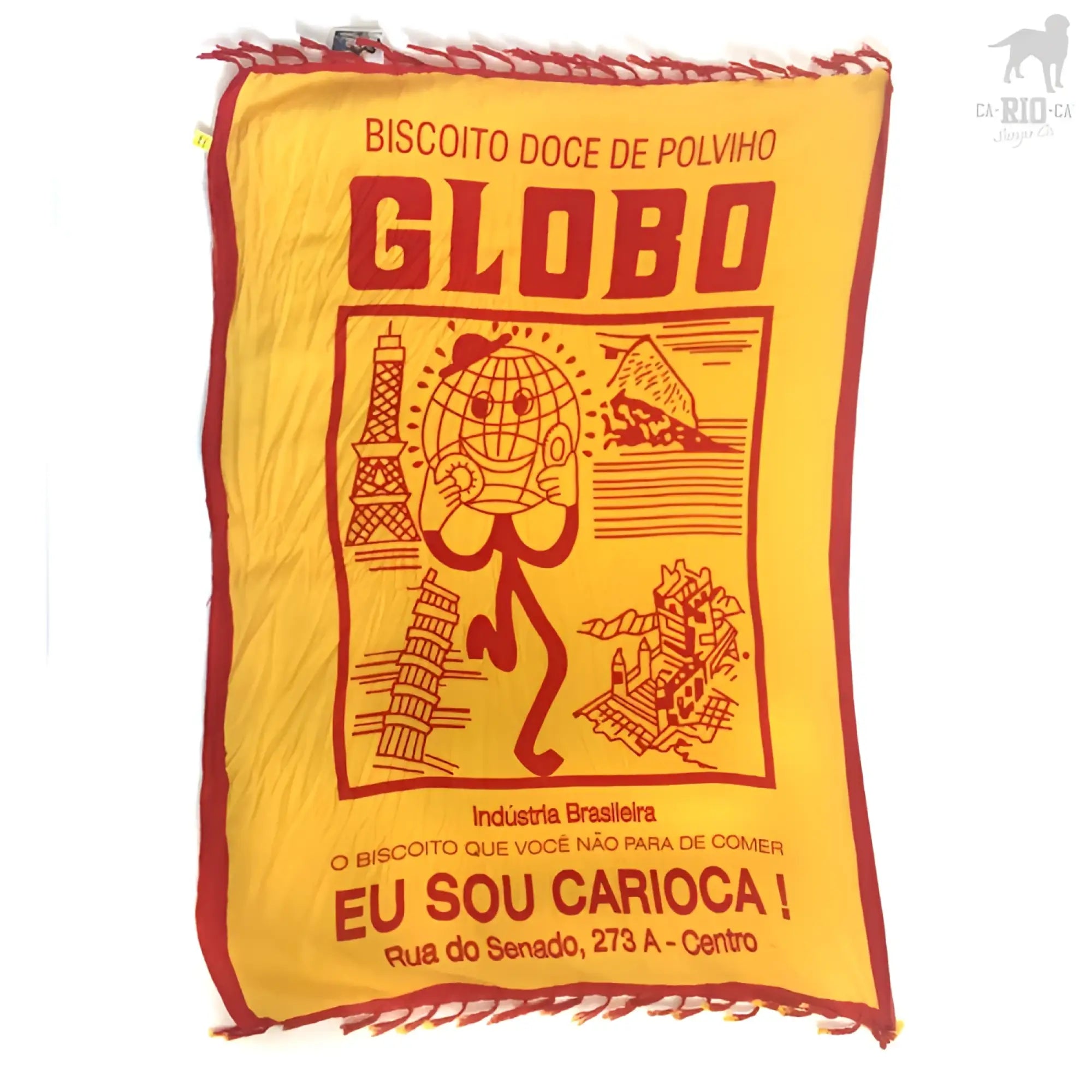 Yellow and red fabric beach towel featuring cartoon globe holding cookie and advertising globo cookies in portuguese