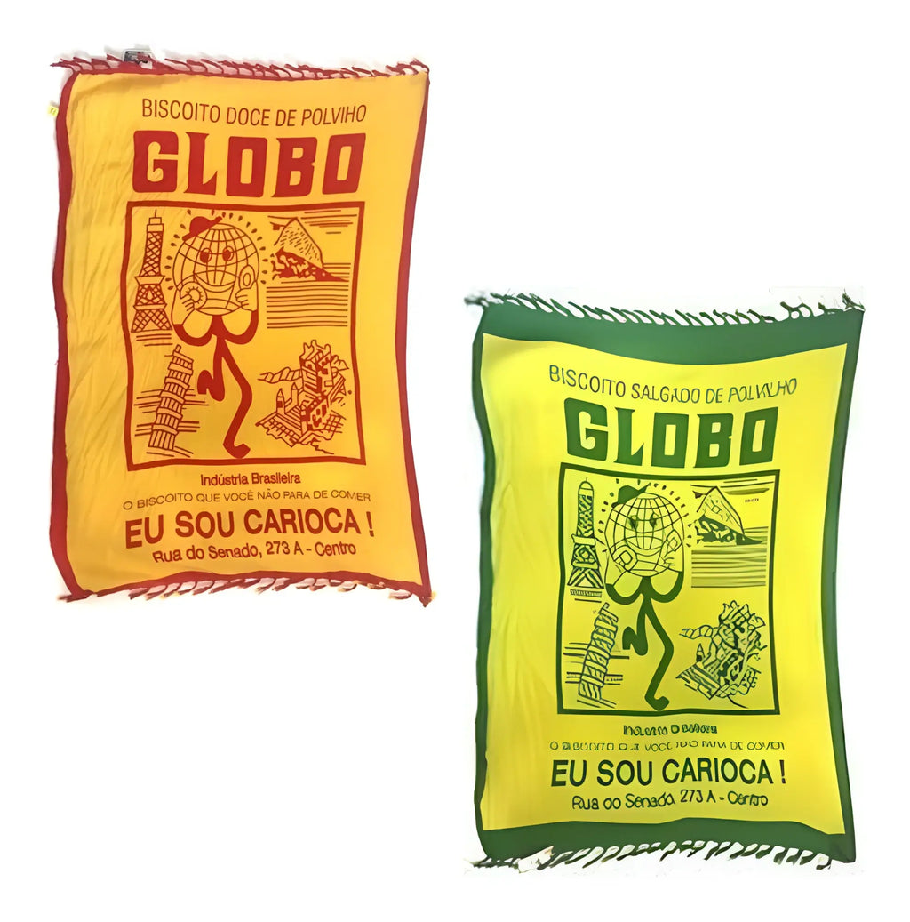 Yellow and red fabric bag with cartoon globe labeled globo for sweet polvilho biscuits in biscoito globo beach canga sarong