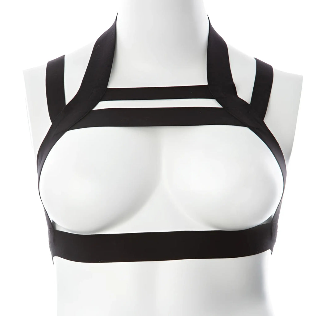 Black strappy harness top with minimalist modern design gender fluid majesty harness multi band in black size s-l