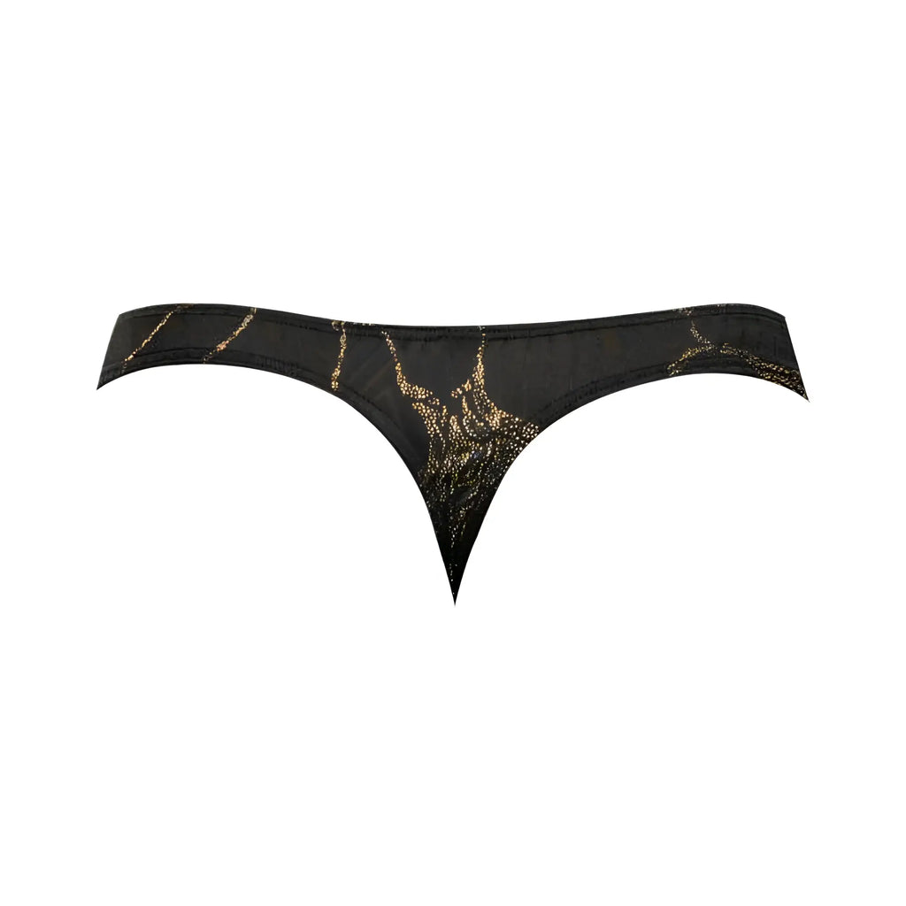 Black lace thong with intricate gold embroidery showing the back side in size l/xl from black gold bong thong collection