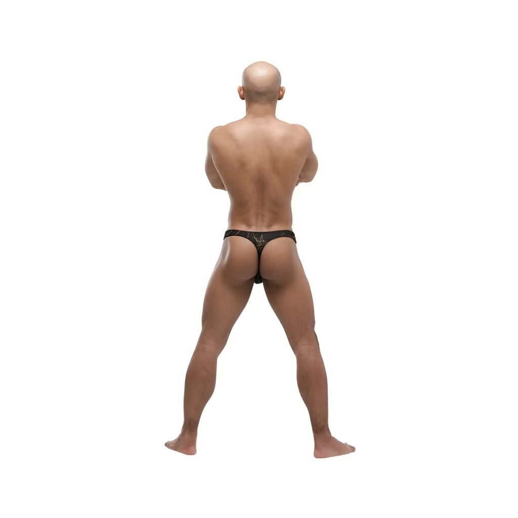 Black thong with subtle gold detailing shown from the back in size l/xl for stylish intimate wear