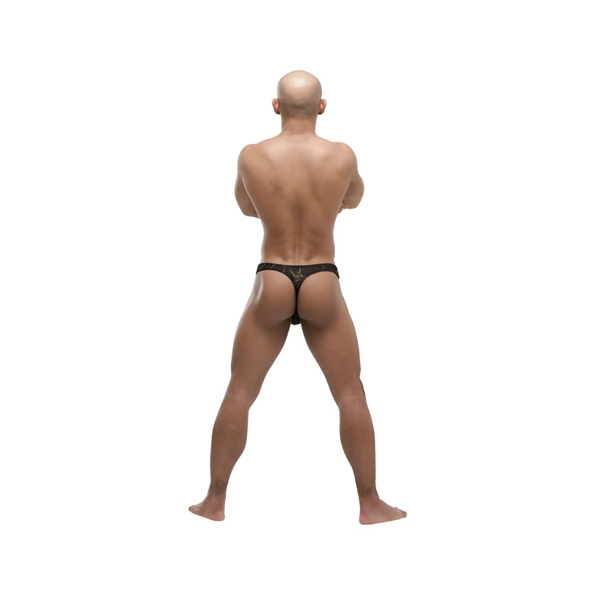 Black thong with subtle gold detailing shown from the back in size l/xl for stylish intimate wear