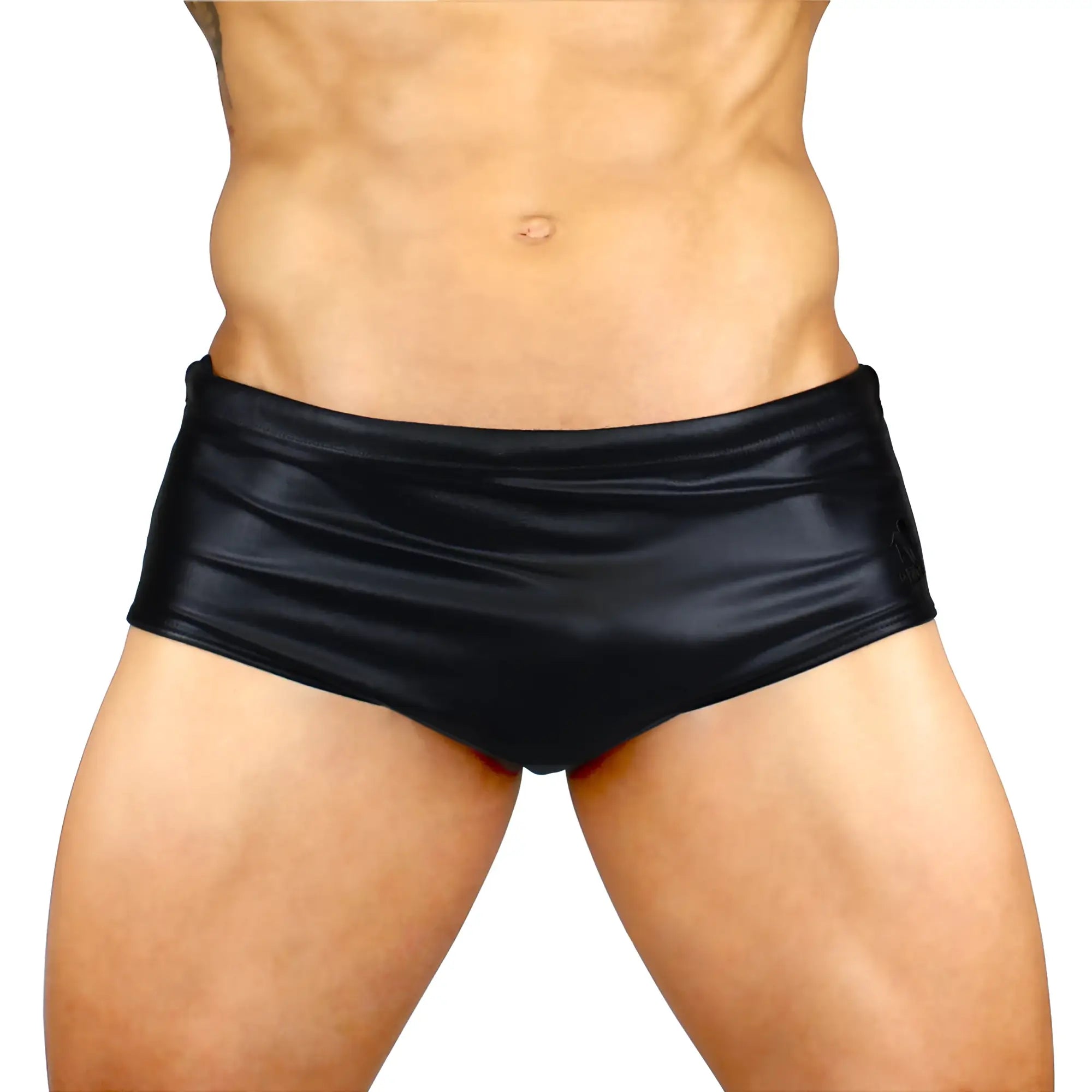 Black leather men’s swimming sunga with shiny glossy finish form-fitting swim trunks beachwear for men clearance sale