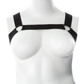 Black fabric gender fluid mason harness with adjustable straps and silver metal rings in size small to large