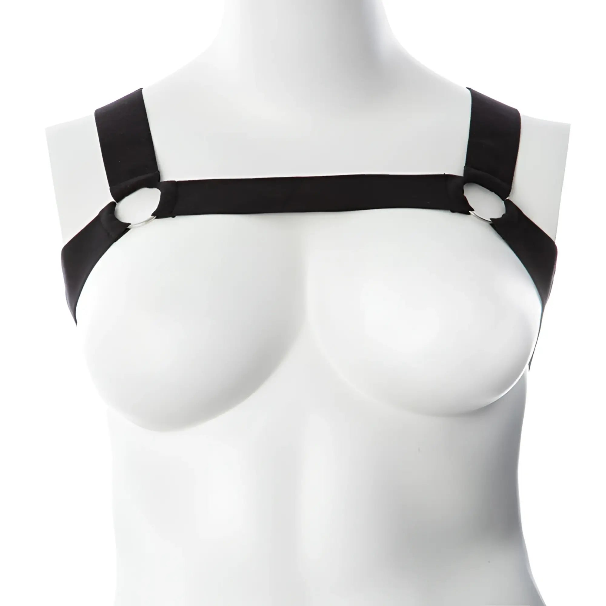 Black fabric gender fluid mason harness with adjustable straps and silver metal rings in size small to large