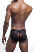 Black sheer cutout brief featuring black mesh fabric with a central cutout and elastic waistband