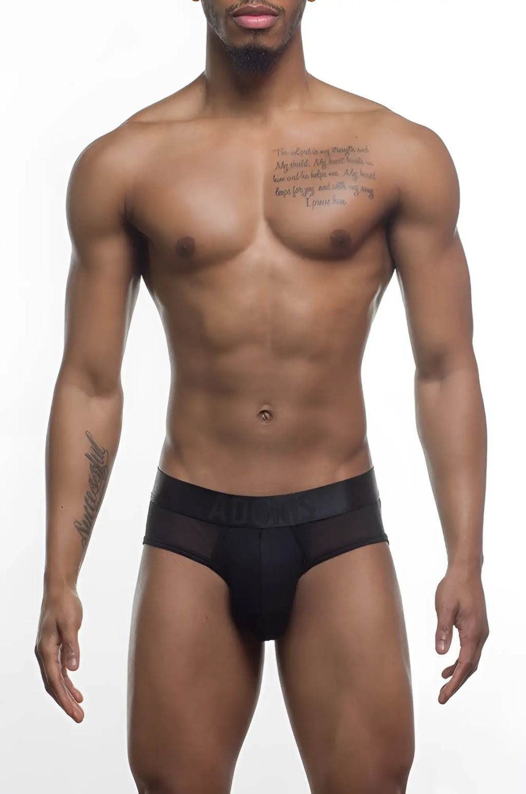 Black sheer cutout brief in black mesh with a solid waistband featuring adams brand name in white lettering