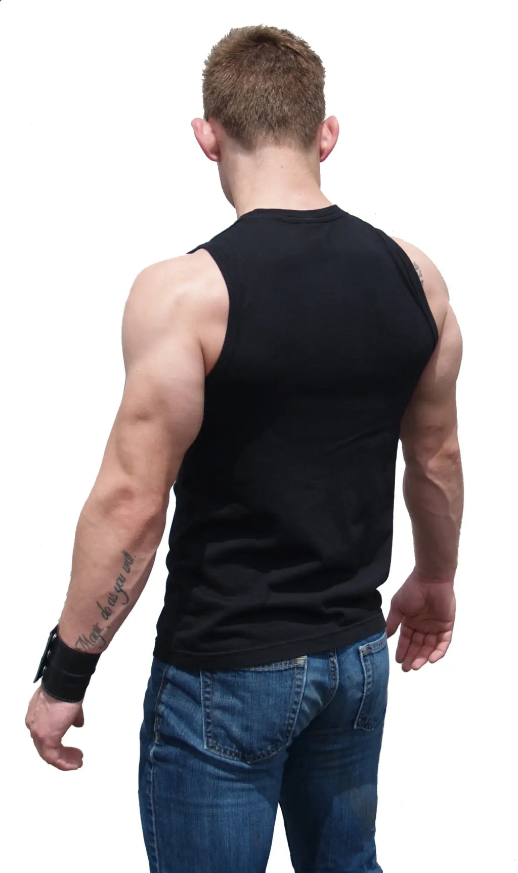 Black sleeveless athletic fit tank top made of breathable fabric designed for activewear and workouts