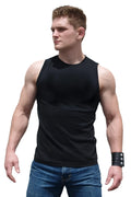 Black sleeveless athletic fit barefront tank top with a simple crew neckline and fitted cut for active wear
