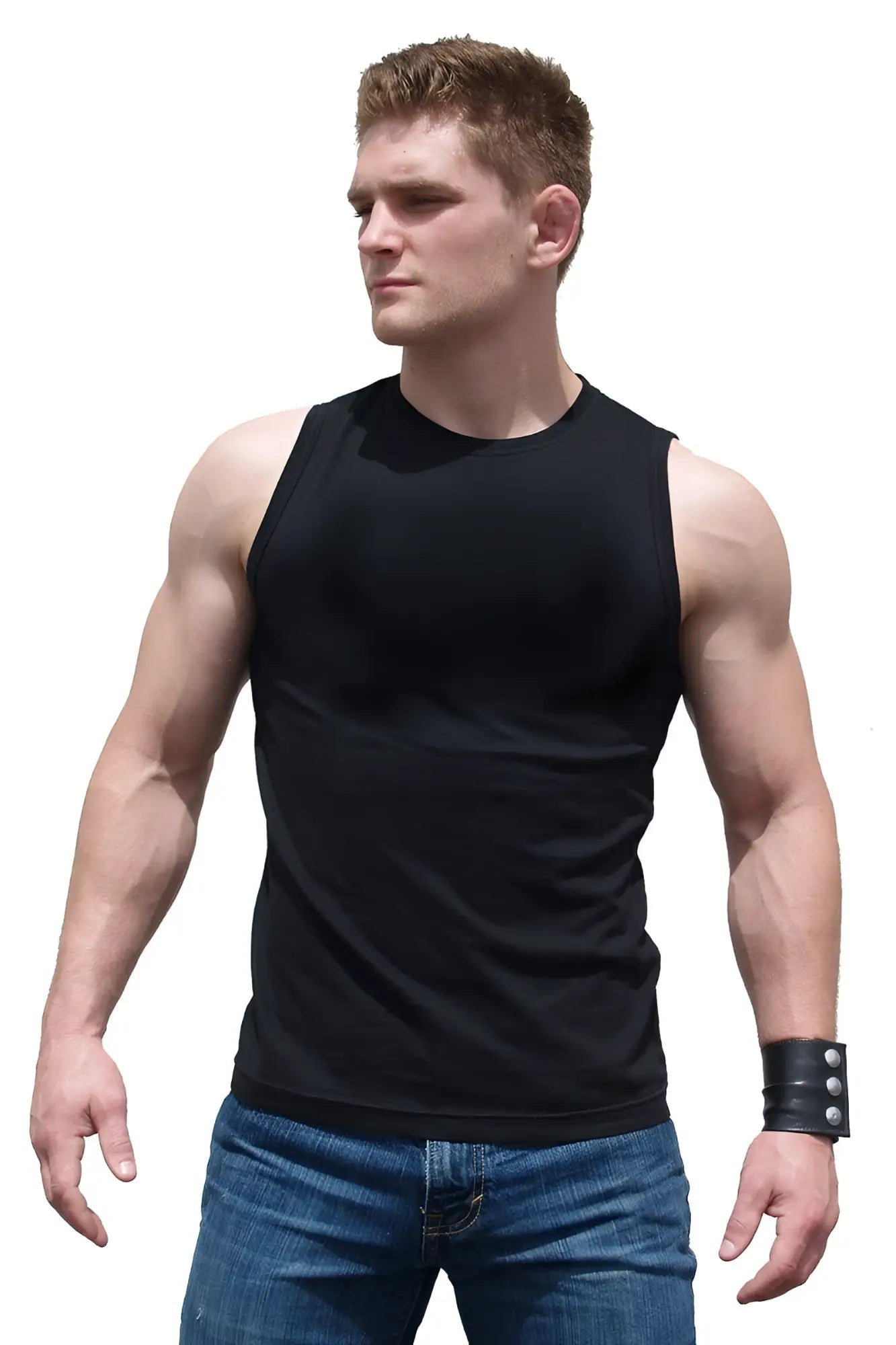 Black sleeveless athletic fit barefront tank top with a simple crew neckline and fitted cut for active wear