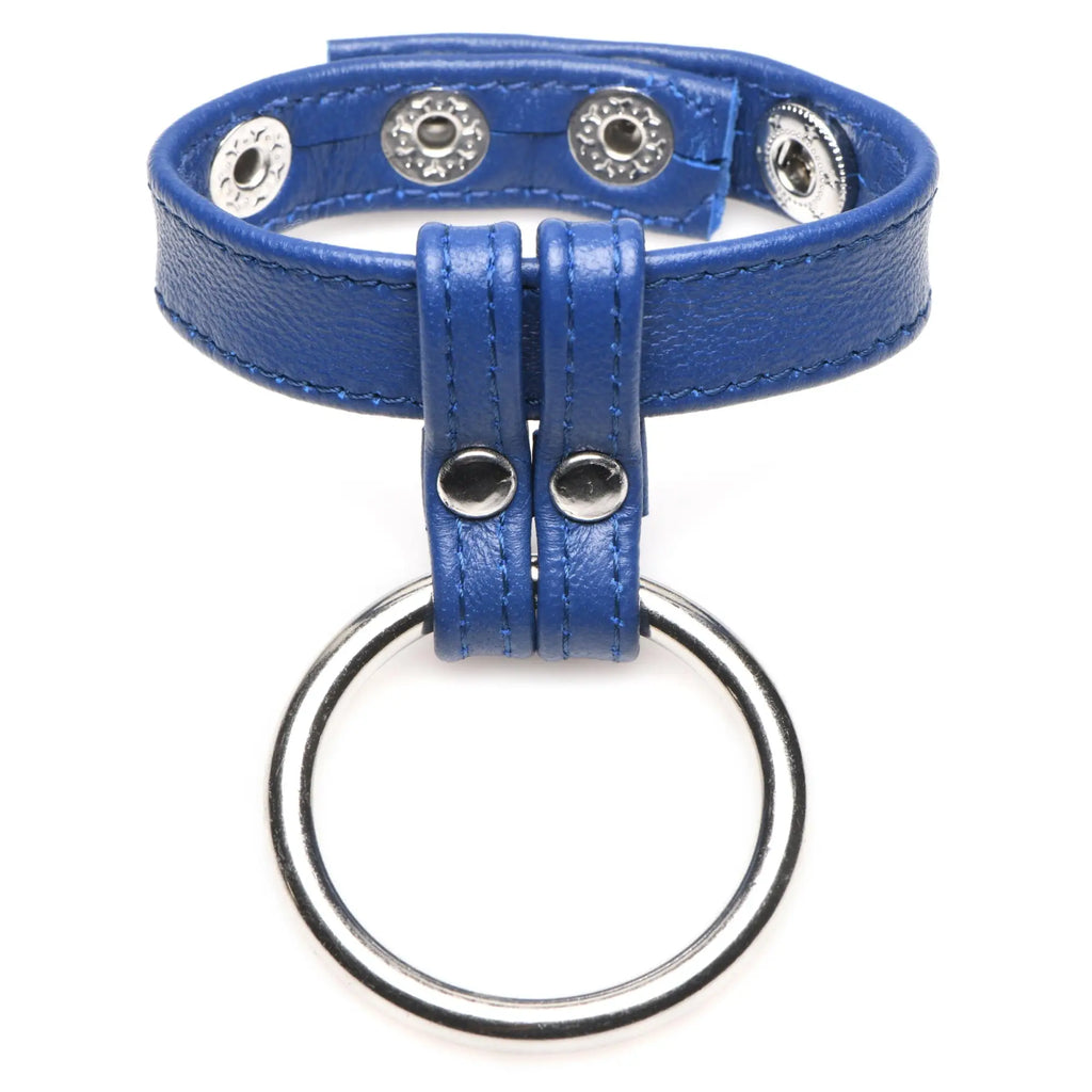Blue leather cock and ball ring with silver toned snap buttons and central steel ring for a stylish fit