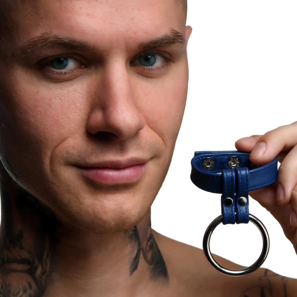 Blue leather and steel cock and ball ring with metal ring and silver toned hardware detail