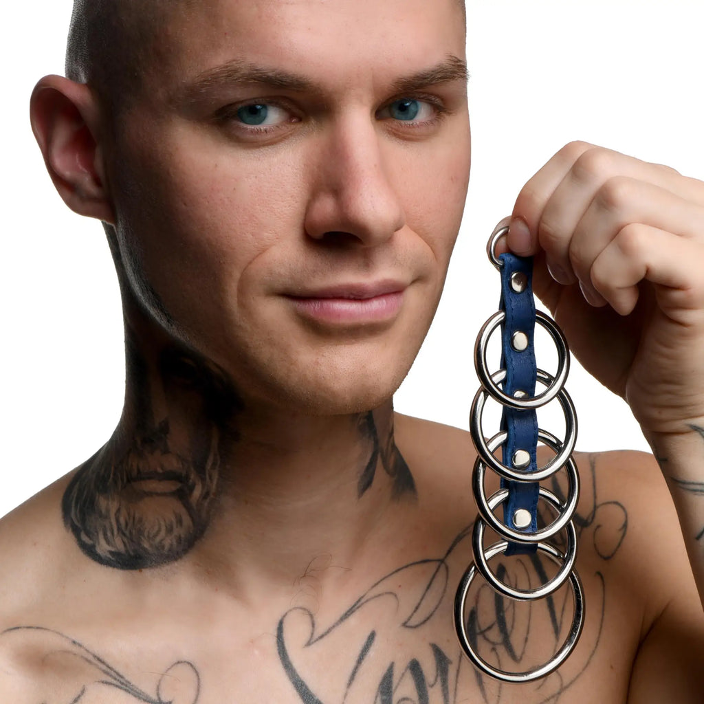 Blue leather strap with five silver metal rings from the gates of hell collection showcasing steel accents