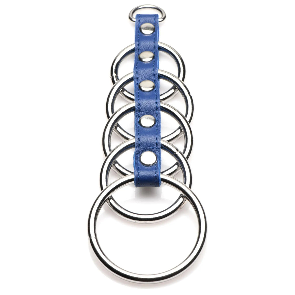 Blue leather strap with five silver-toned metal rings secured by rivets from the gates of hell collection