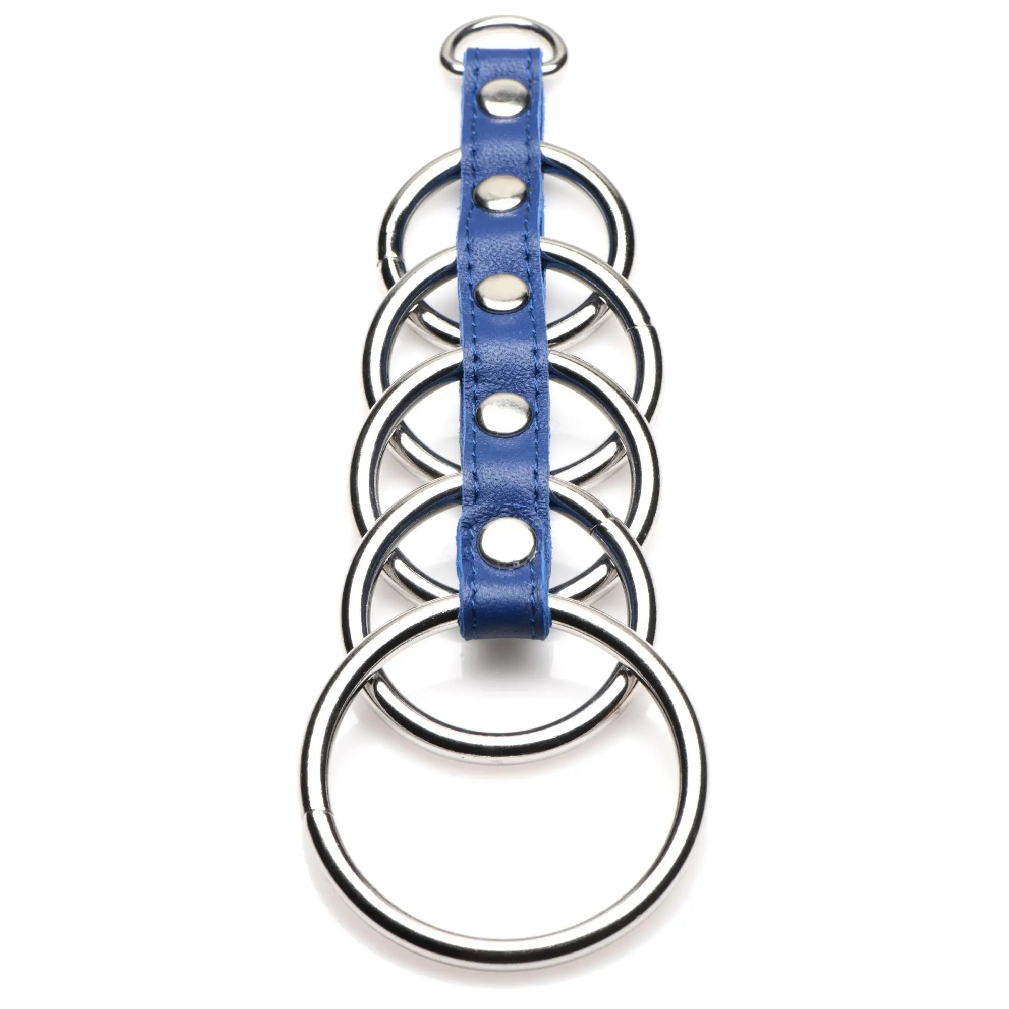 Blue leather strap with five silver-toned metal rings secured by rivets from the gates of hell collection