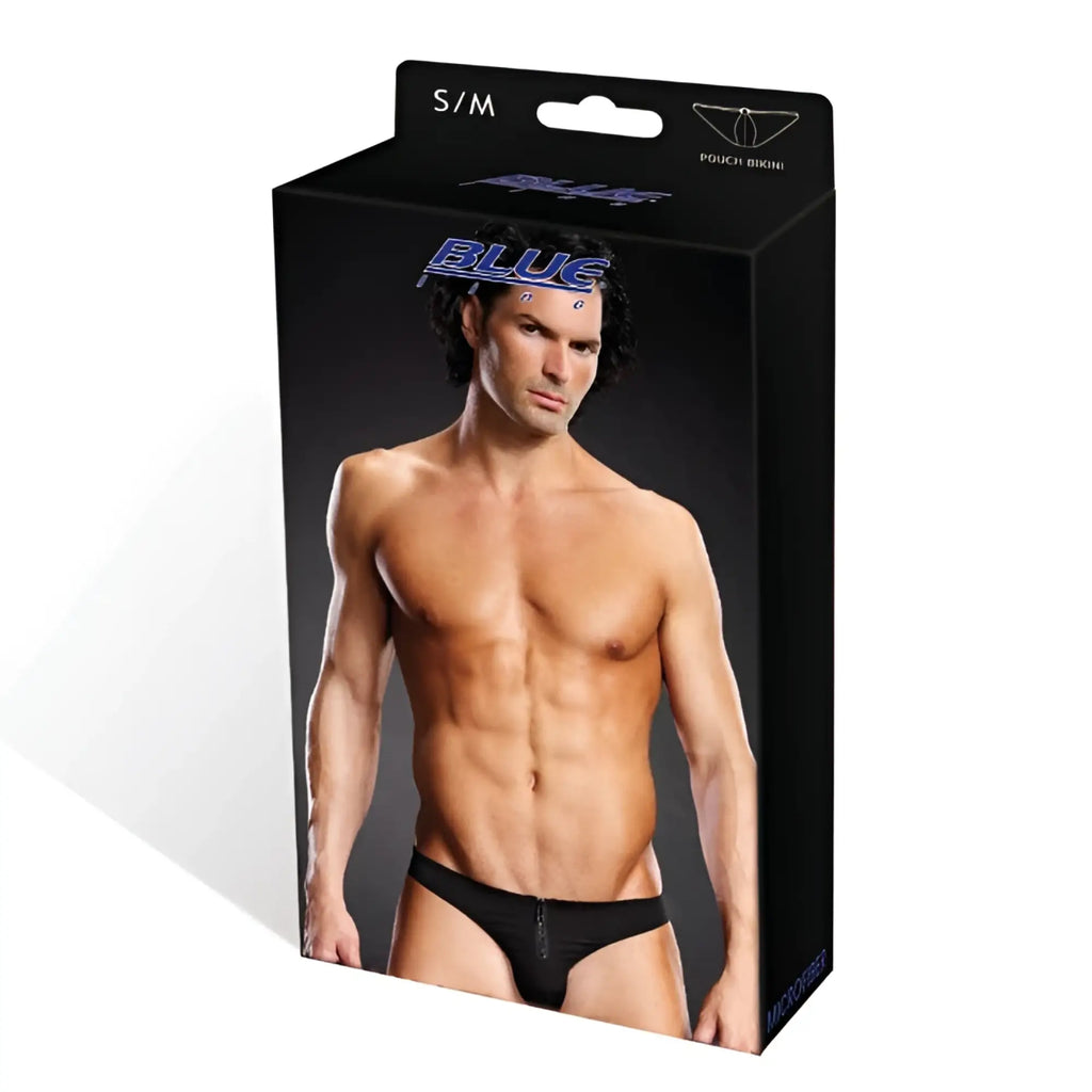 Black microfiber pouch bikini underwear by blue line with front zipper in size l/xl for performance use