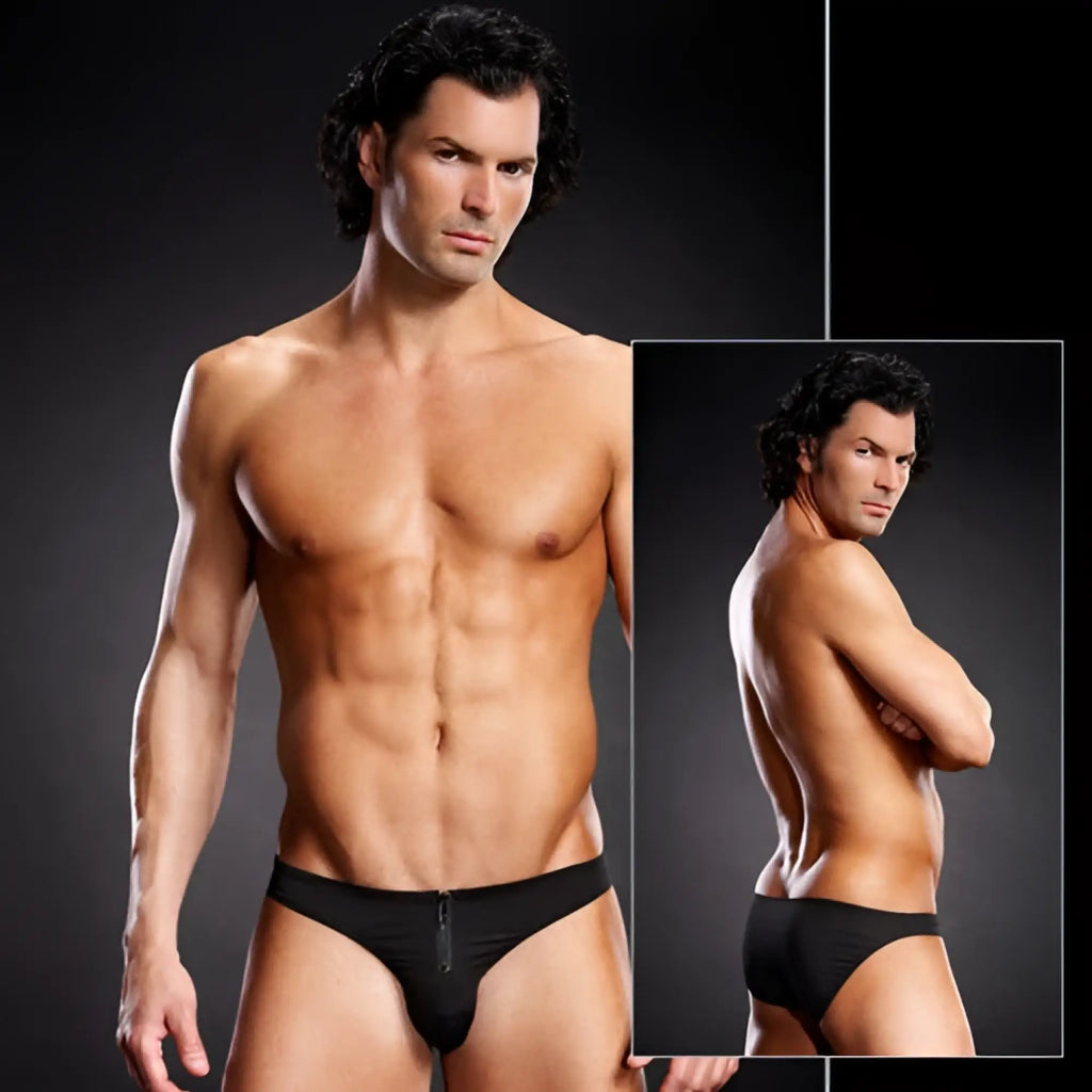 Black blue line performance front zipper microfiber bikini briefs in size lxl showing front view