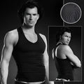 Black fitted v neck tank top in microfiber pinstripe fabric by blue line performance size l/xl