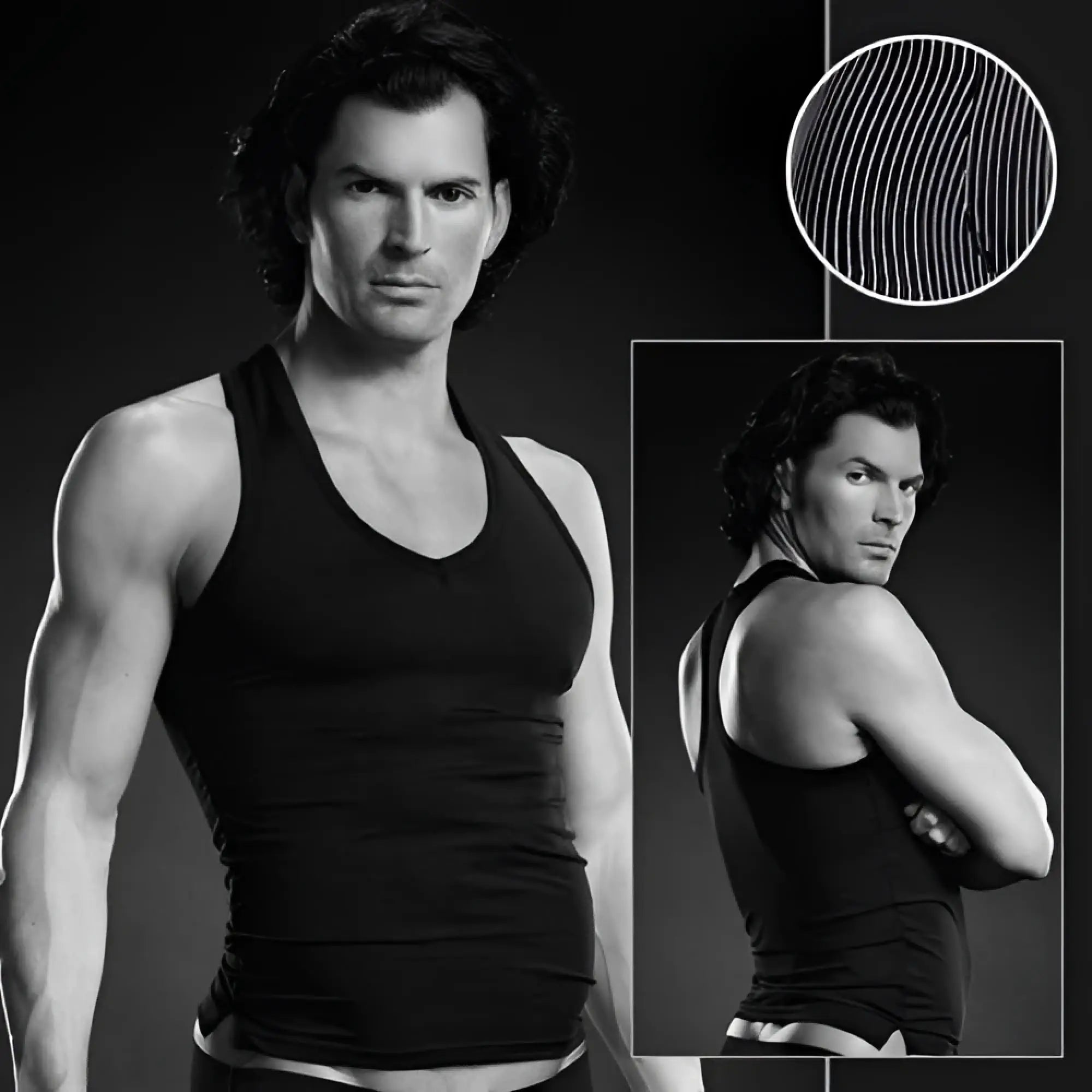 Black fitted v neck tank top in microfiber pinstripe fabric by blue line performance size l/xl
