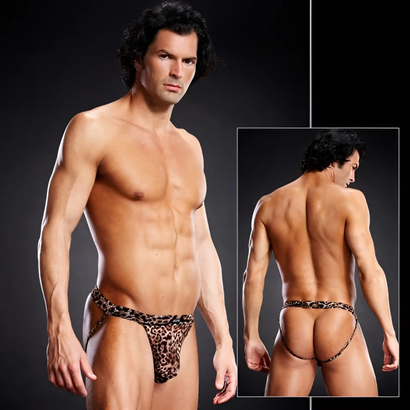 Blue line pro-mesh jock strap underwear leopard print snug form-fitting briefs size s/m front view
