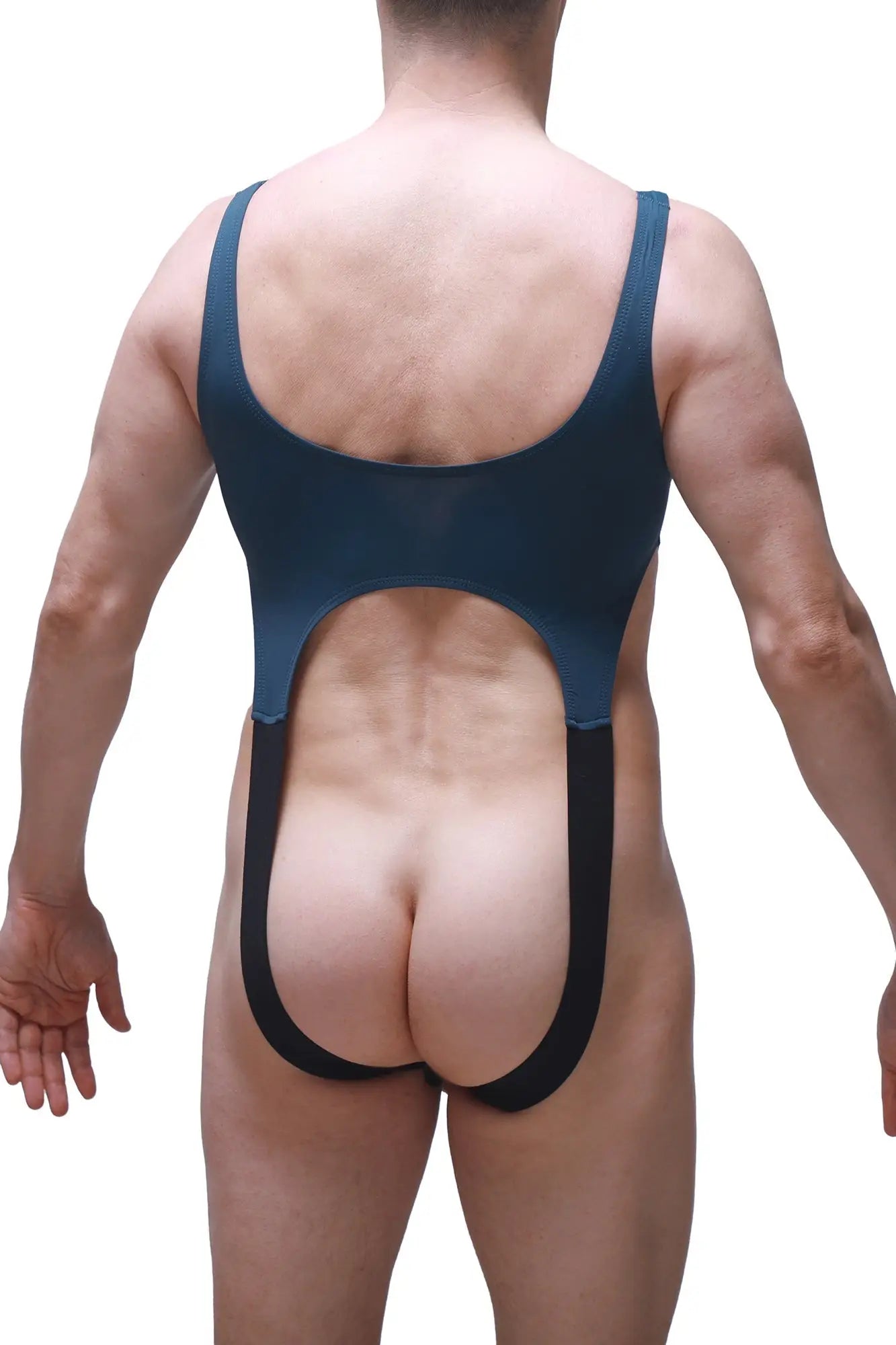 Body amance prussian blue dark blue one-piece swimsuit with black trim and cutout at the back displaying rear view