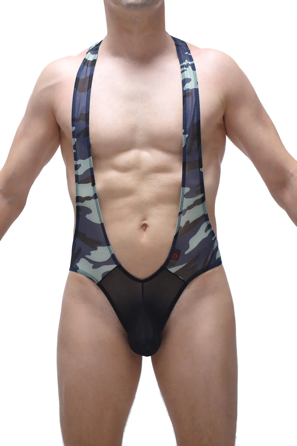 Black and gray camouflage men’s suspendersuit body ambel camo net with sheer mesh panel at the front