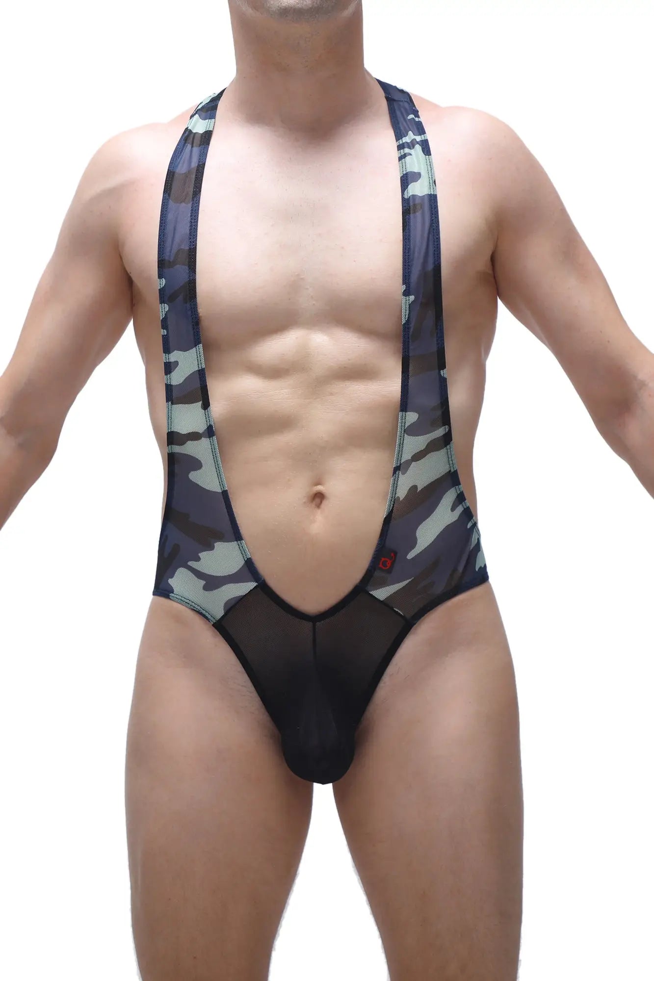 Black and gray camouflage men’s suspendersuit body ambel camo net with sheer mesh panel at the front