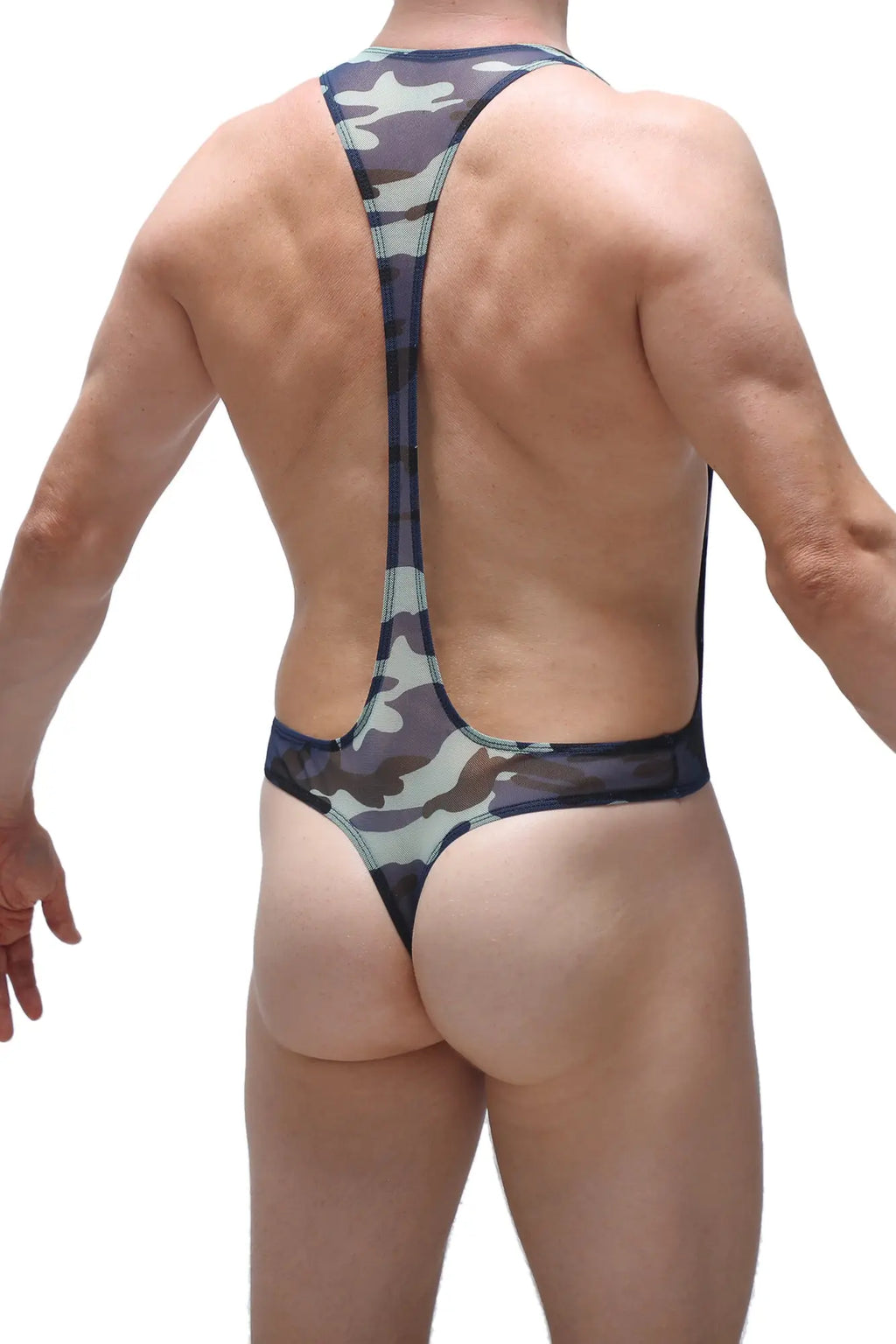 Camouflage patterned one-piece swimsuit body ambel camo net with racerback design and thin straps shown from back