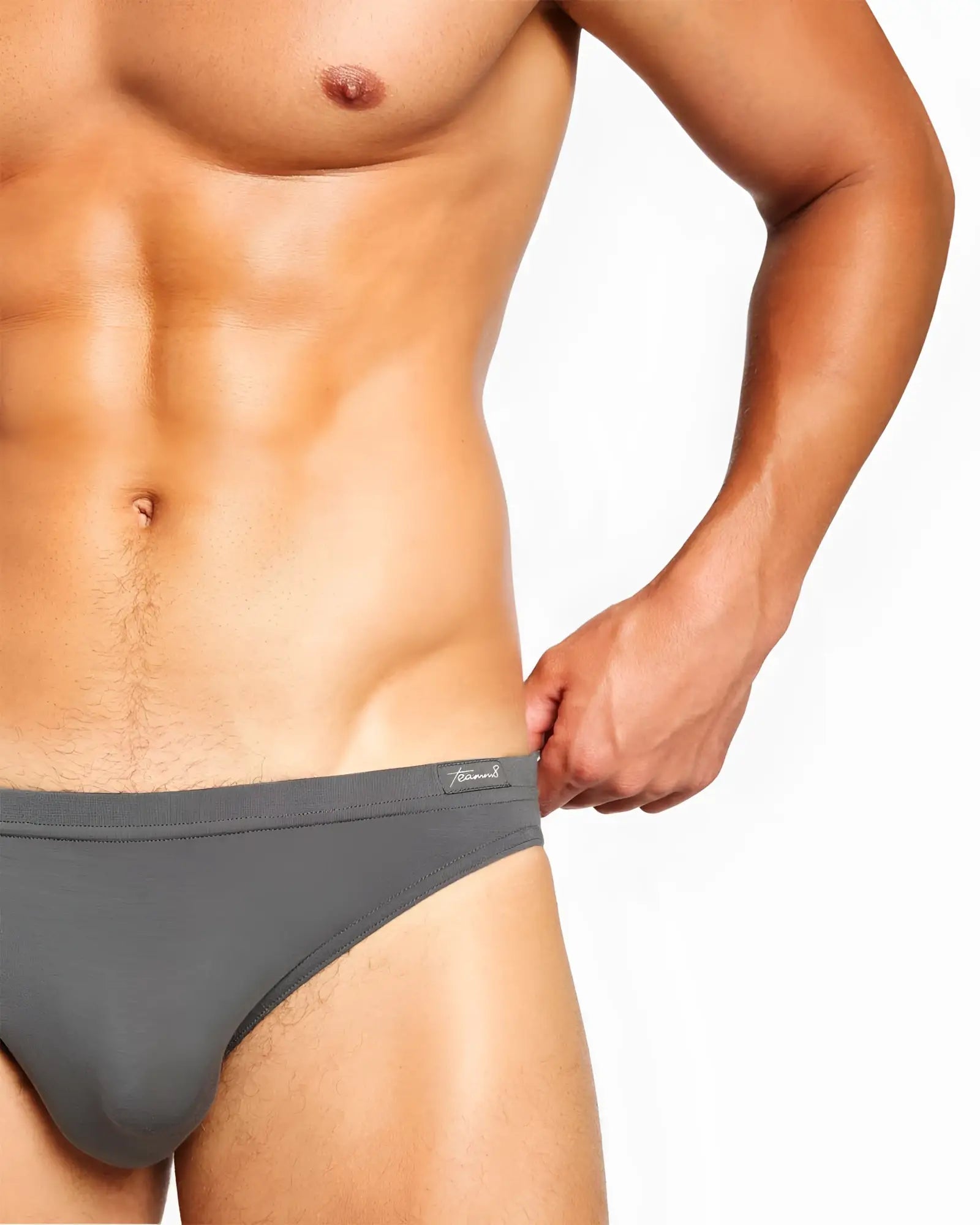 Gray body bamboo bikini brief with smooth form fitting design and subtle brand tag on the waistband