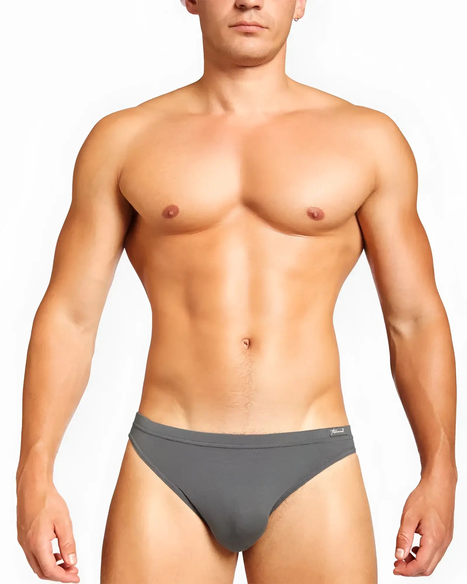 Gray body bamboo bikini brief men’s underwear with smooth form-fitting fabric and subtle logo on waistband