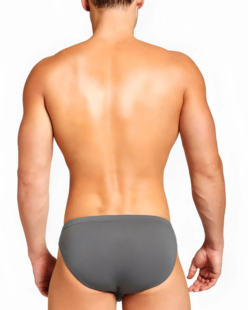 Gray body bamboo bikini brief with smooth form-fitting design made from breathable bamboo fabric
