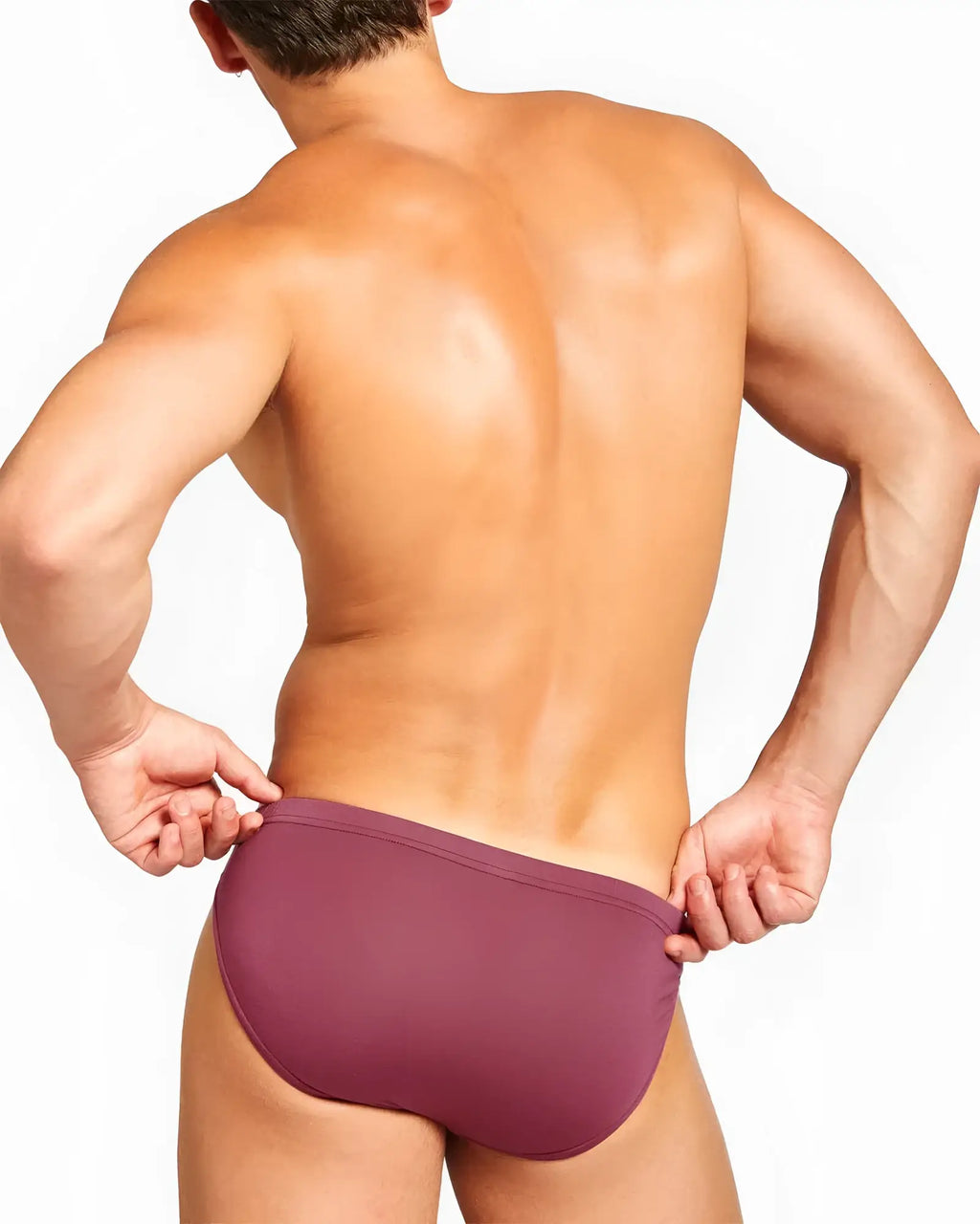 Maroon body bamboo bikini brief made of smooth stretchy fabric shown from the back side