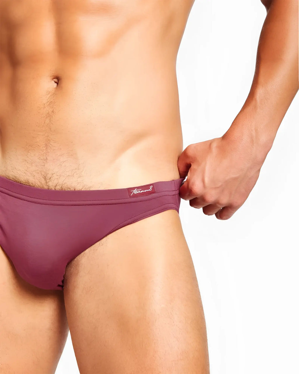 Purple men’s bamboo bikini briefs with a subtle brand logo on the waistband for comfortable everyday wear