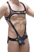 Black and gray camouflage men’s body jockstrap with supportive form-fitting design for active wear