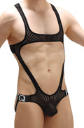 Black mesh one-piece swimsuit body jockstring oze durtol with cutout design and branded waistband