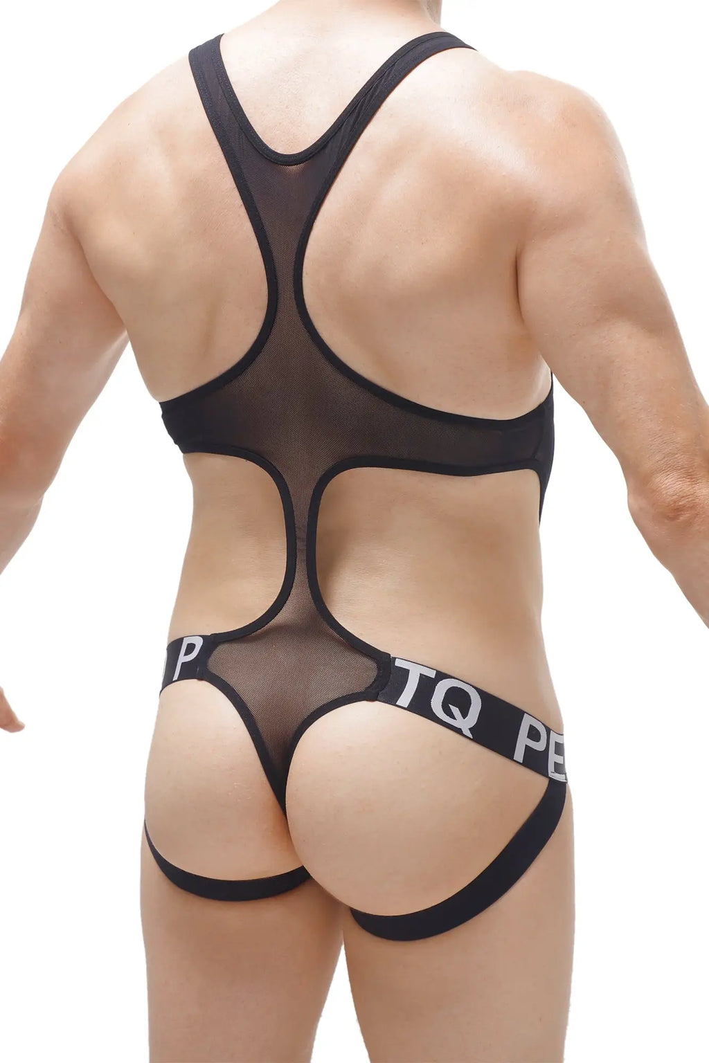 Black sheer mesh body jockstring with bold straps and branded waistband in black shown from the back side