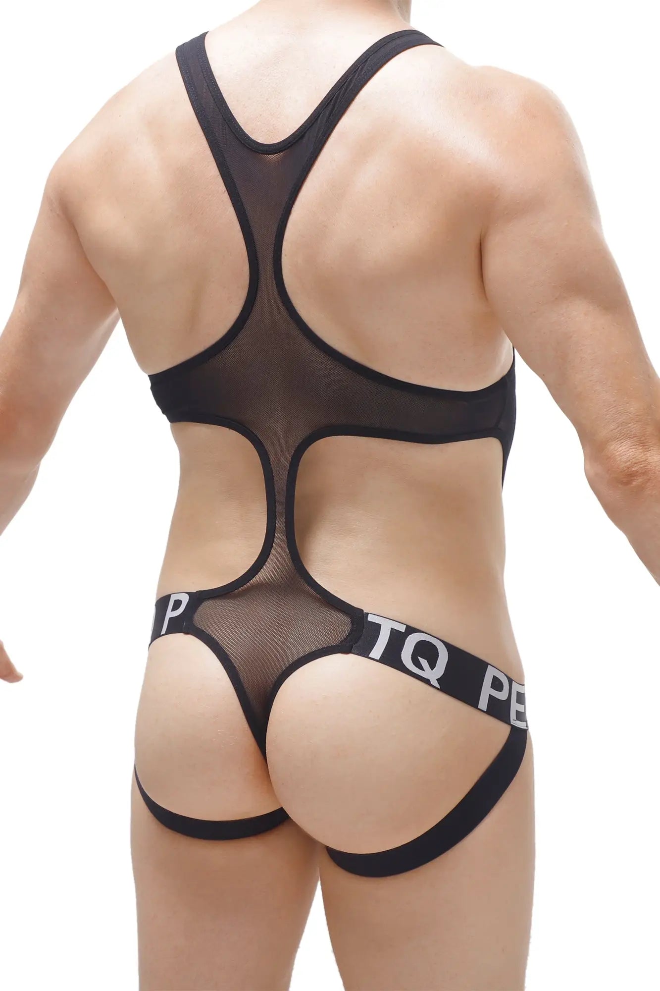 Black sheer mesh body jockstring with bold straps and branded waistband in black shown from the back side