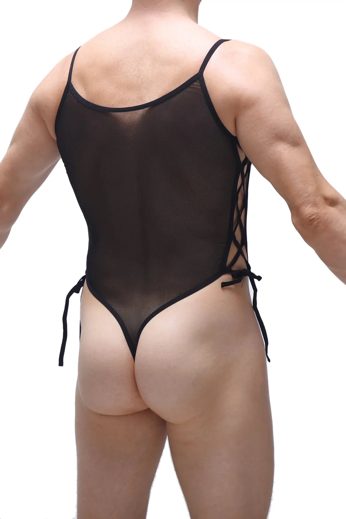 Black mesh one-piece swimsuit body lacets net black with thin straps and side ties for stylish swimwear use