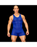 Men's blue mesh bodysuit by Arroyman featuring a fitted design and sleeveless cut showcasing a textured fabric.