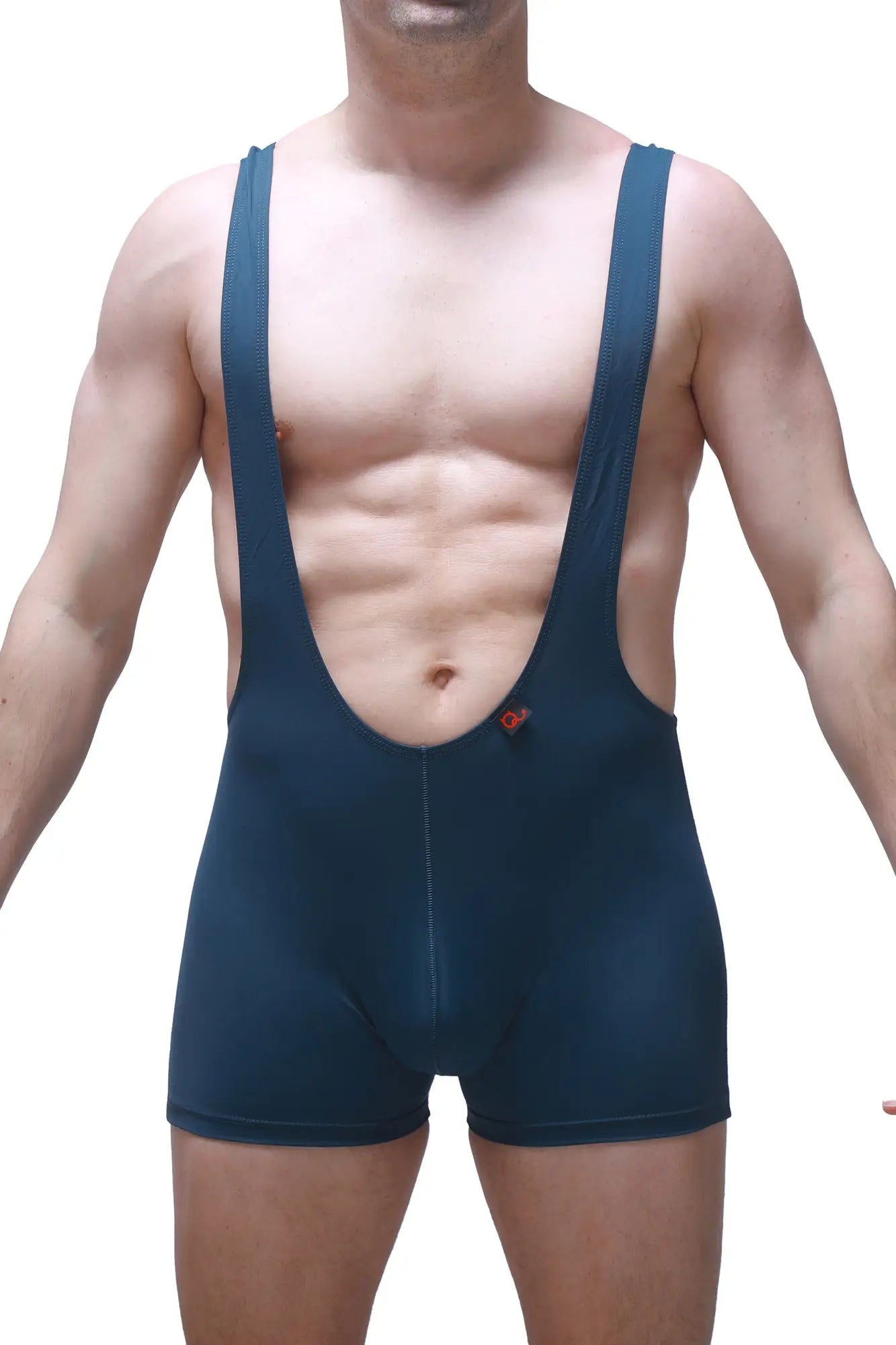 Dark blue form-fitting athletic singlet by bodyboxer aunou blue with wide shoulder straps and front central seam