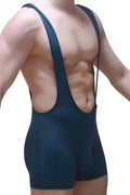 Dark blue form-fitting wrestling singlet by bodyboxer aunou blue with wide shoulder straps and cutout design