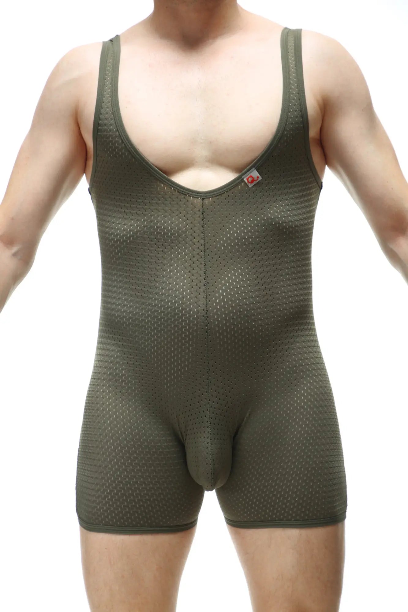 Bodyboxer Bee Green olive green mesh athletic bodysuit with snug fit and thin shoulder straps for activewear