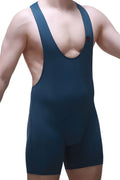 Dark blue Bodyboxer athletic singlet with deep v-neck shoulder straps and small red logo on upper right chest
