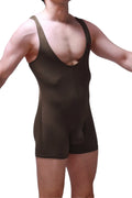 Black form-fitting one-piece athletic suit with wide shoulder straps and deep v-neckline bodyboxer malay olive