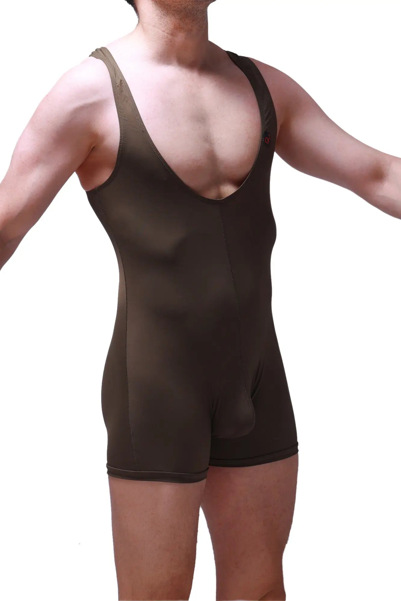 Black form-fitting one-piece athletic suit with wide shoulder straps and deep v-neckline bodyboxer malay olive